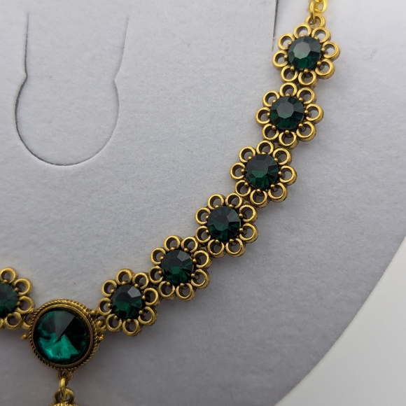 Gold Necklace Drop Earrings Set Green Gemstone Bollywood Wedding Bridal - Picture 4 of 10